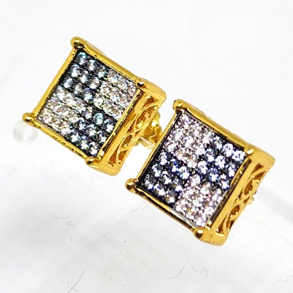 Iced Square Stud Pave Crystal Gold Plated Blue White Crystal Pierced Earrings - Picture 9 of 11